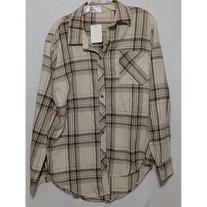 Krush Womens‎ Tan Brown Plaid Flannel Button Down Shirt Large NWT
